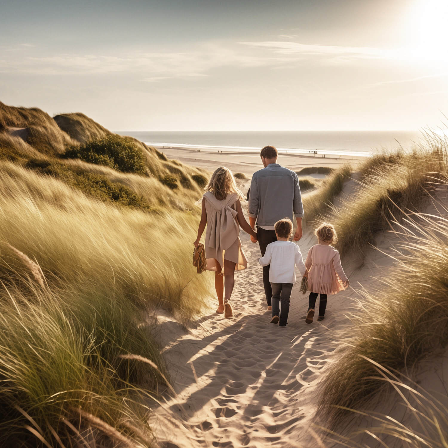 Familie auf dem Weg zum Strand durch die Sylter Dünen