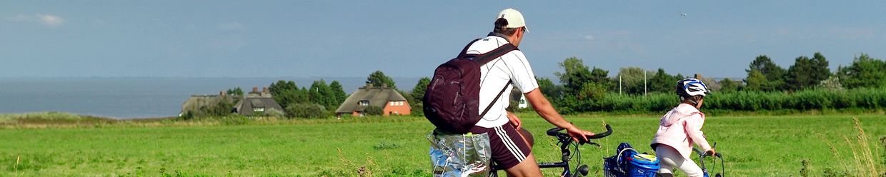 Vater und Kind fahren mit dem Rad eine grüne Wiese entlang