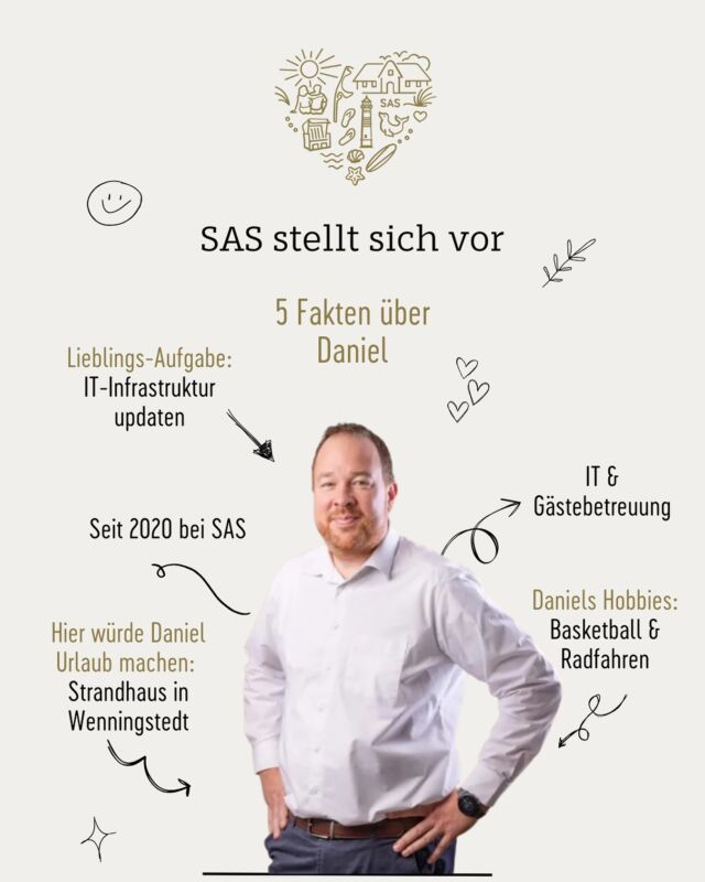 👨‍💻 Heute möchten wir unseren Kollegen Daniel vorstellen!

Seit 2020 ist er Teil unseres Teams beim Sylter Appartement Service und sorgt dafür, dass in unserer IT alles reibungslos läuft – von technischen Herausforderungen bis hin zur digitalen Weiterentwicklung: Daniel ist unser Mann für alles rund um Technik und Systeme. 💡🖥️

In seiner Freizeit tauscht er Laptop gegen Basketball und ist auch auf dem Rennrad mit vollem Einsatz unterwegs. 🏀🚴‍♂️ Ob auf dem Court oder der Straße – Daniel gibt immer 100 %!

Schön, dich im Team zu haben, Daniel! 🙌

#MeetTheTeam #SylterAppartementService #ITProfi #BasketballLover #CyclingLife #Sylt #TeamSpirit #KollegenLiebe #OfficeLife #RennradLiebe #SportlichUndSmart #sasteam #sassylt