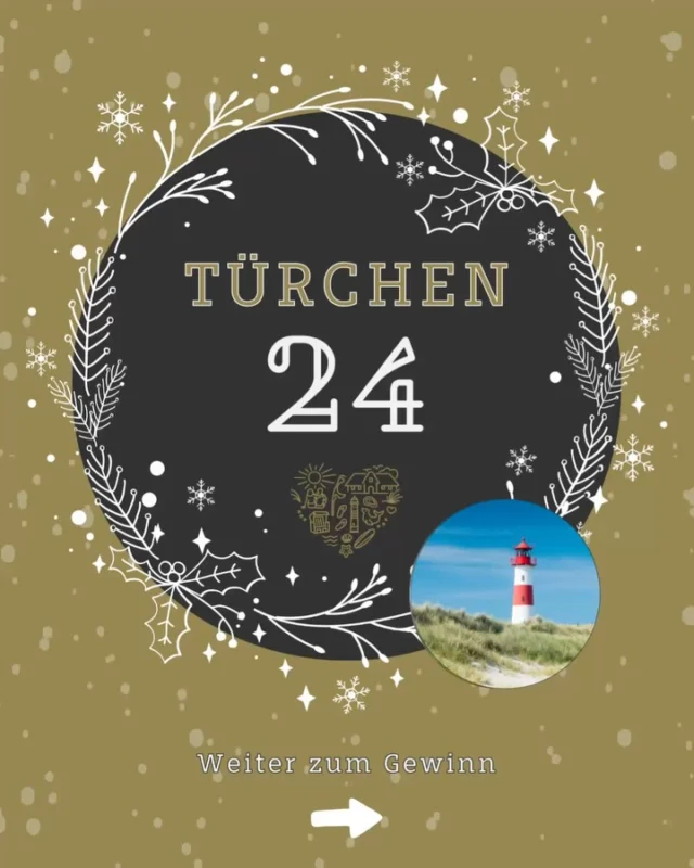 Türchen 24🎄✨ Das große Finale! 

Heute verlosen wir einen Kurzurlaub (3 Nächte) auf Sylt* in unserem Studio 95 in Wenningstedt. 

Das Studio 95 überzeugt mit einer perfekten Lage, mitten in Wenningstedt, einer modernen Designer-Einrichtung und einem ruhig gelegenen Garten. Im Studio 95 finden drei Personen bequem Platz. Der perfekte Rückzugsort für einen Kurzurlaub auf der Insel. 🌊 ❤️

Was muss man tun, um in den Lostopf zu hüpfen? Ganz einfach? 😊

1️⃣ Beitrag liken ❤️
2️⃣ Account @sylterappartementservice oder @wedellsylt folgen.
3️⃣ Eine Person in den Kommentaren markieren, die die perfekte Begleitung für den Kurzurlaub wäre. 

#Adventskalender #Gewinnspiel #Advent2025 #TürchenAuf Sylt SyltLove SyltMomente InselLiebe Weihnachtszauber XmasVibes GewinnenMitStyle GiveawayGermany InselGewinnspiel Adventskalender2025

Ausführliche Teilnahmebedingungen:

Die Teilnahme am Gewinnspiel erfolgt durch

1. Das Folgen der Instagram-Accounts @sylterappartementservice oder @wedellsylt 
2. Das Liken des Gewinnspiel-Beitrags.
3. Eine Person in den Kommentaren markieren. 

Unter allen gültigen Teilnahmen wird der/die Gewinner*in per Zufallsprinzip ermittelt und im Anschluss per Direktnachricht auf Instagram benachrichtigt.
Der Gewinn kann nicht ausgezahlt, getauscht oder übertragen werden.

Das Gewinnspiel endet am 26.12.25  um 17:59 Uhr.

Das Gewinnspiel steht in keiner Verbindung zu Instagram und wird von Instagram weder gesponsert noch unterstützt. Teilnahme nur innerhalb der angegebenen Frist; der Rechtsweg ist ausgeschlossen.

* Ausgenommen für den Kurzurlaub sind die Monate April - September, sowie alle Feiertage.
